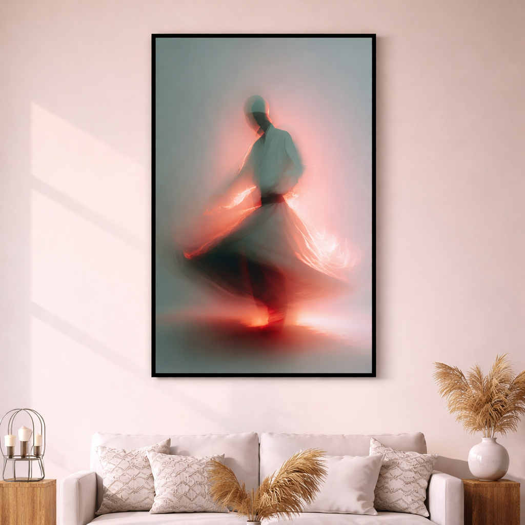 Whirling dervish in serene living room