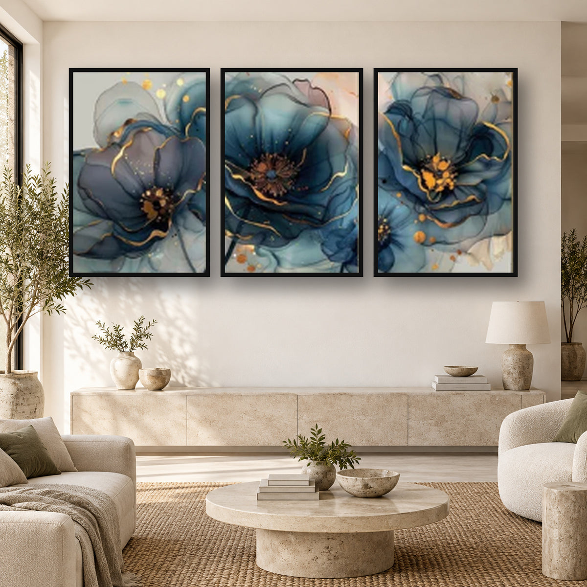 Blue and Gold Floral Artwork Abstract  (3panel) | Wall Art — square full-frame-safe premium interior mockup 01