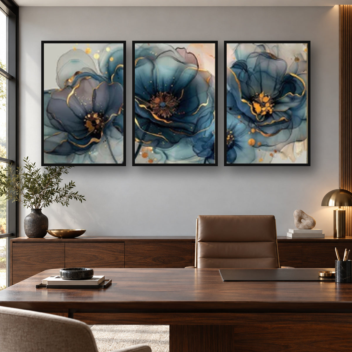 Blue and Gold Floral Artwork Abstract  (3panel) | Wall Art — square full-frame-safe premium interior mockup 02
