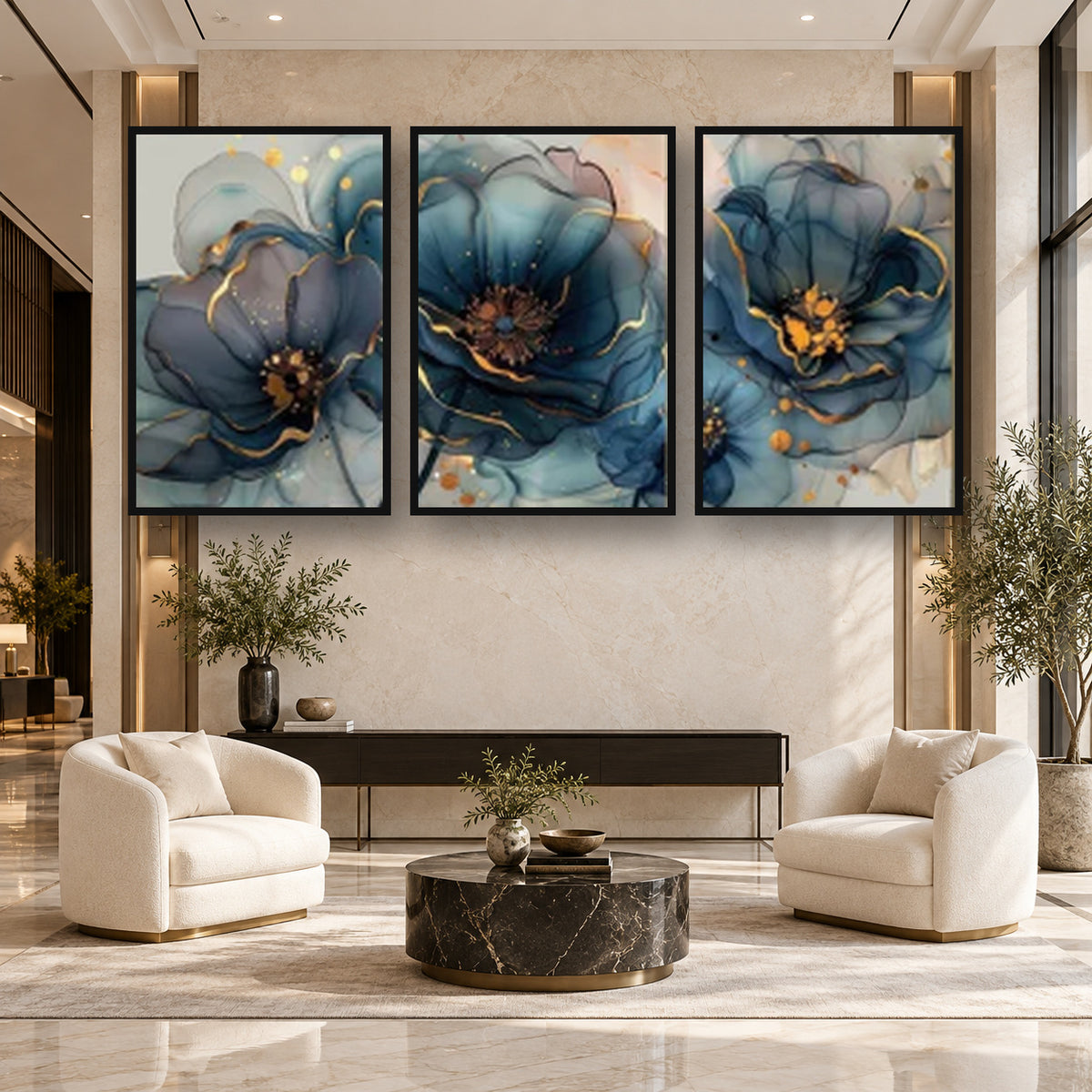 Blue and Gold Floral Artwork Abstract  (3panel) | Wall Art — square full-frame-safe premium interior mockup 03