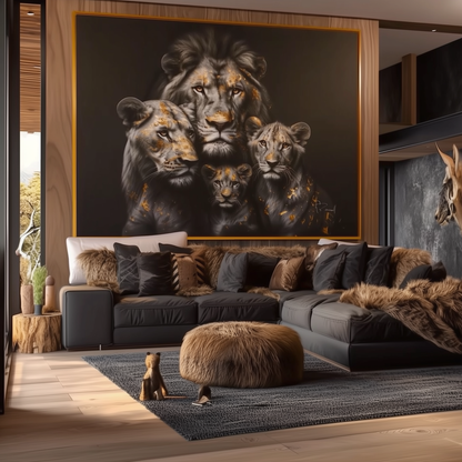 Golden Leaf Lion Family Abstract Painting