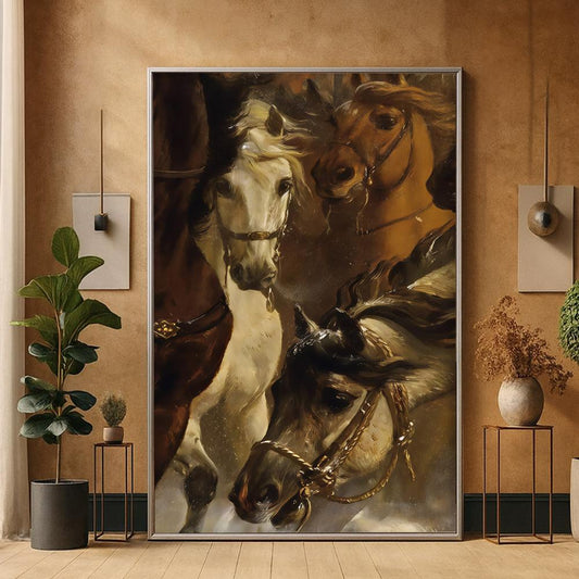 Horse-themed canvas painting with a hollow frame