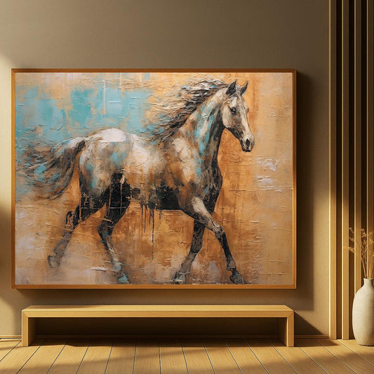 A canvas painting with a horse design and a hollow frame.