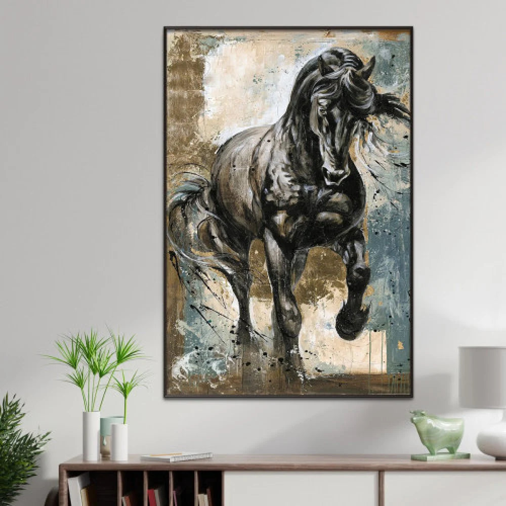 Horse-themed canvas painting with a hollow frame