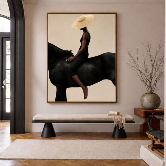Art deco canvas painting of horses with a hollow frame