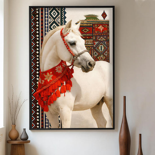 A canvas painting with a Najdi art design and a hollow frame