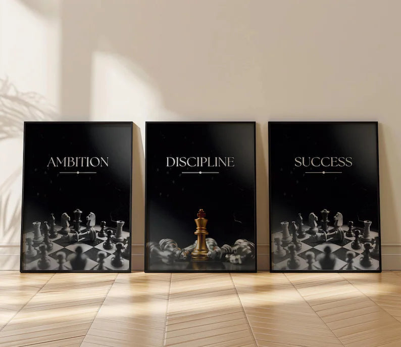 3-piece motivational chess-themed wall art