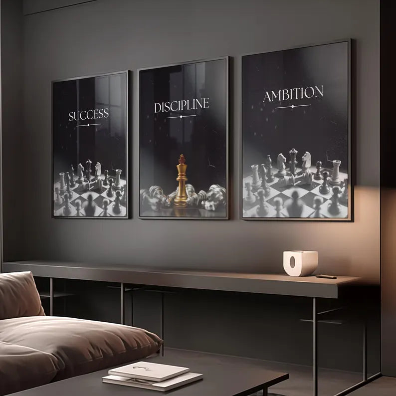 3-piece motivational chess-themed wall art