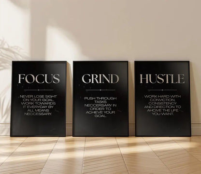 Hustle Grind Focus Motivational Wall Art (3 Piece Set)