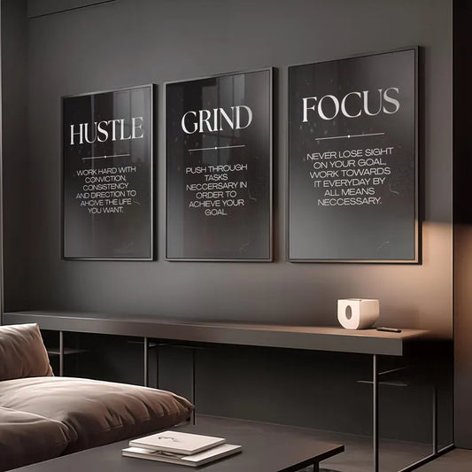 Hustle Grind Focus Motivational Wall Art (3 Piece Set)
