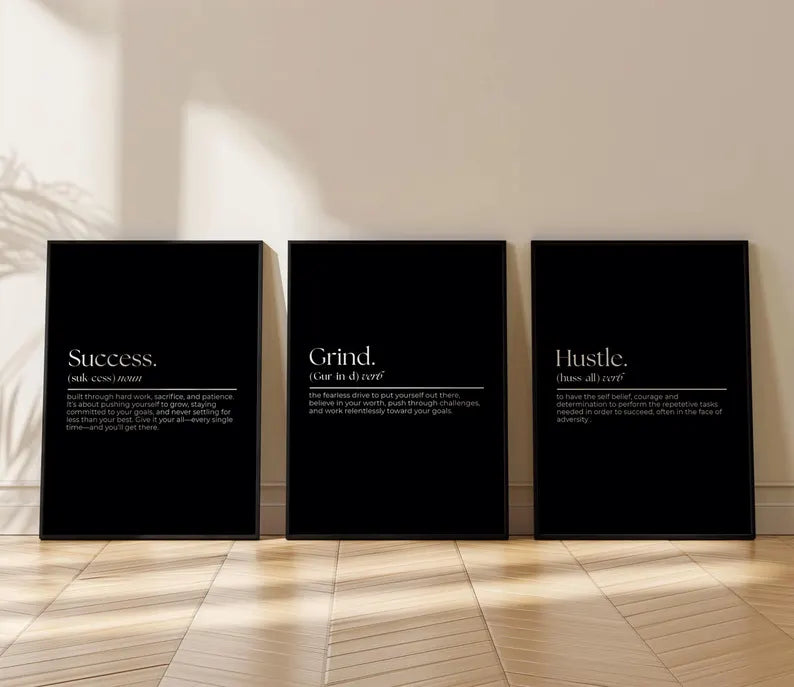 3-piece motivational wall art set 'Hustle', 'Grind', and 'Success'.