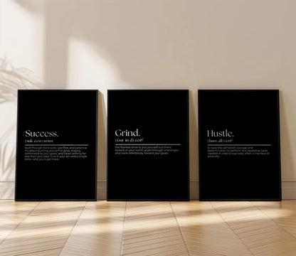 3-piece motivational wall art set 'Hustle', 'Grind', and 'Success'.