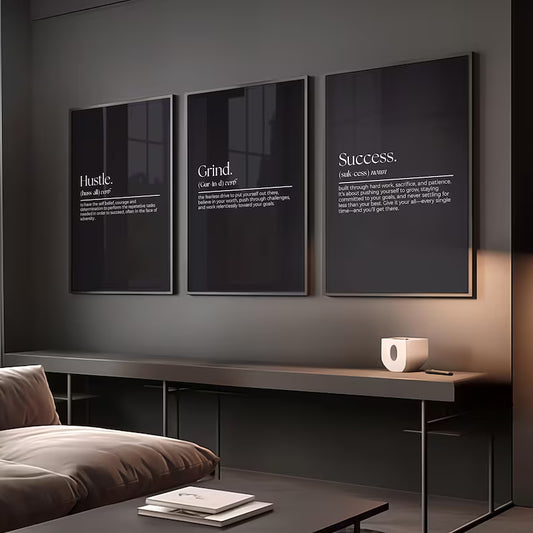 3-piece motivational wall art set 'Hustle', 'Grind', and 'Success'.