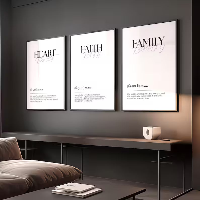 Set of 3 Faith, Family & Heart Wall Art Prints