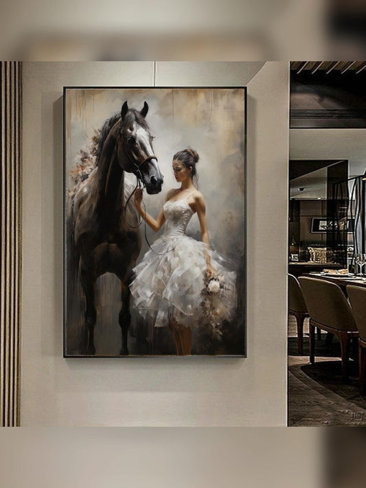 Majestic black horse next to a woman