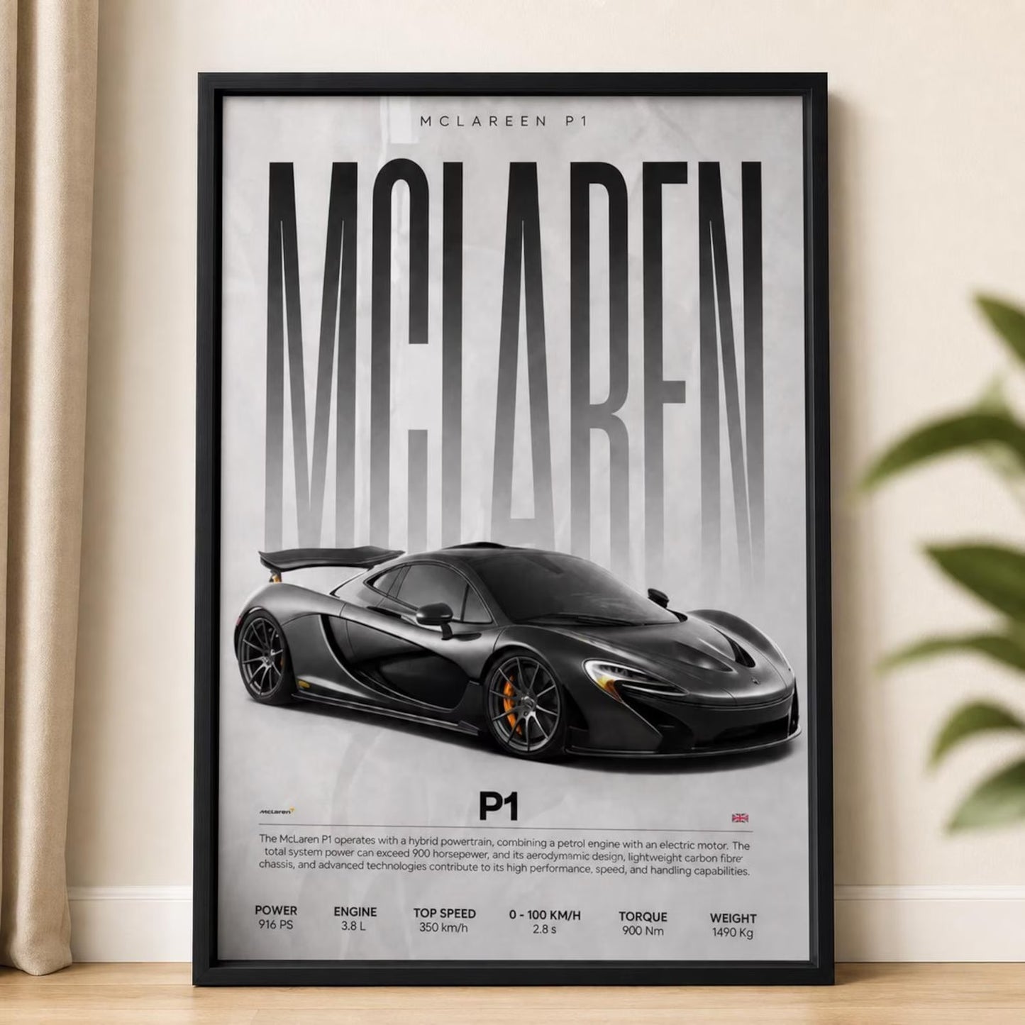McLaren P1 Poster, Black Supercar Wall Art Print