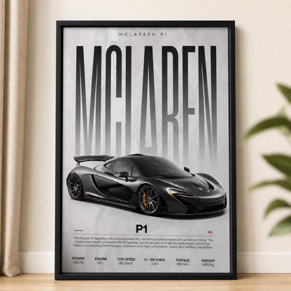 McLaren P1 Poster, Black Supercar Wall Art Print