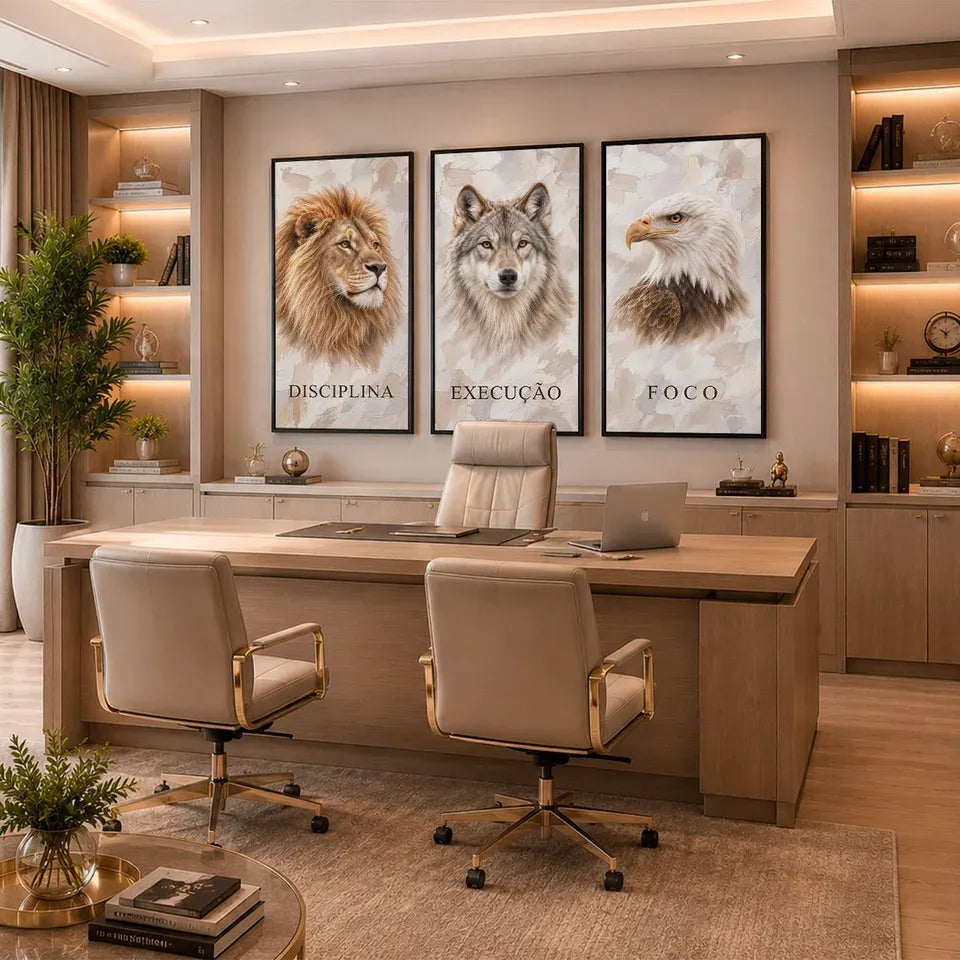 Discipline. Execution. Focus. Cream – Motivational Animal Wall Art Set
