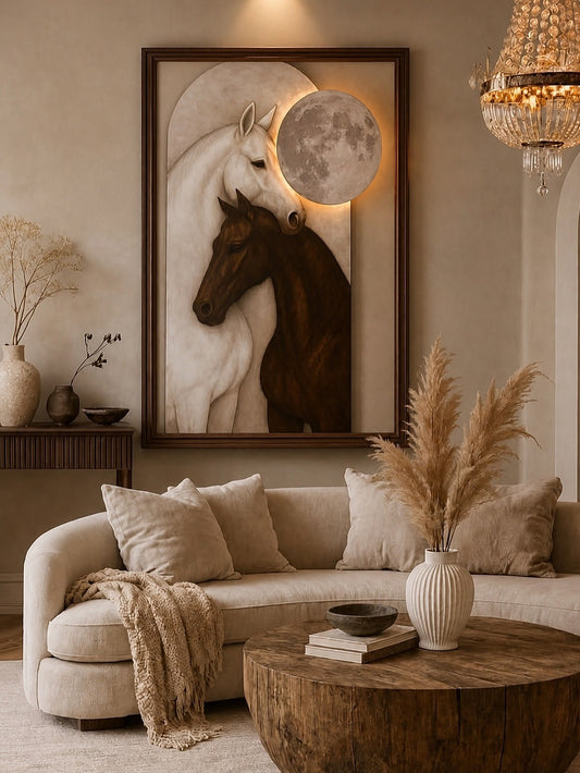 White and Brown horse against a moonlit backdrop