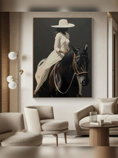 Woman in a wide-brimmed hat riding a black horse