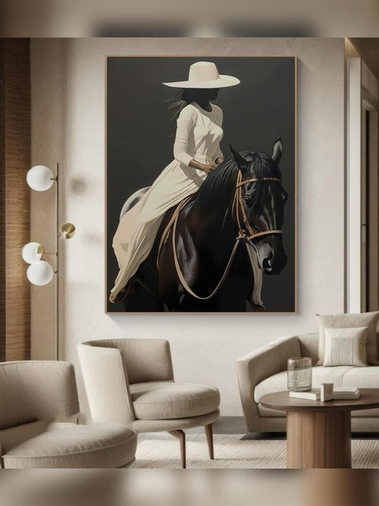 Woman in a wide-brimmed hat riding a black horse