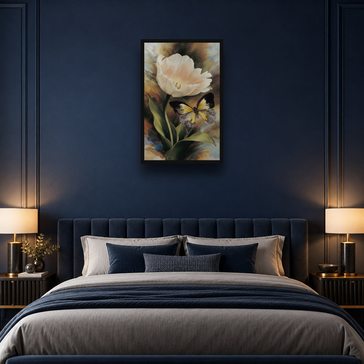 Beautiful Abstract Lily Flower Butterfly Wall Art — square premium interior mockup, complete full frame visible with safe margin