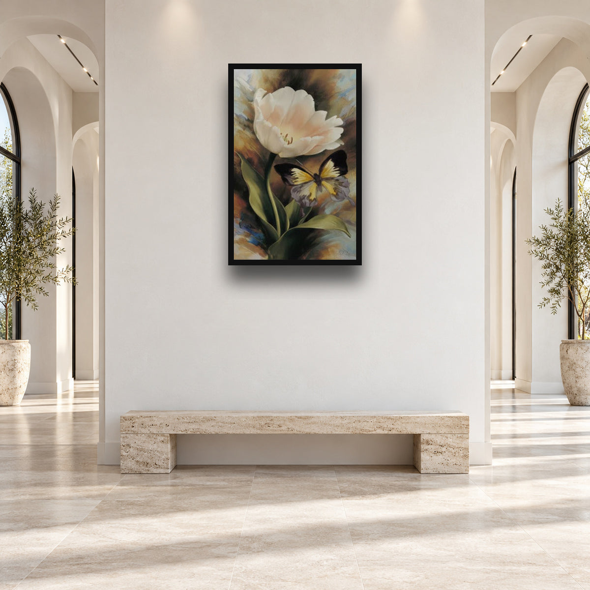 Beautiful Abstract Lily Flower Butterfly Wall Art — square premium interior mockup, complete full frame visible with safe margin