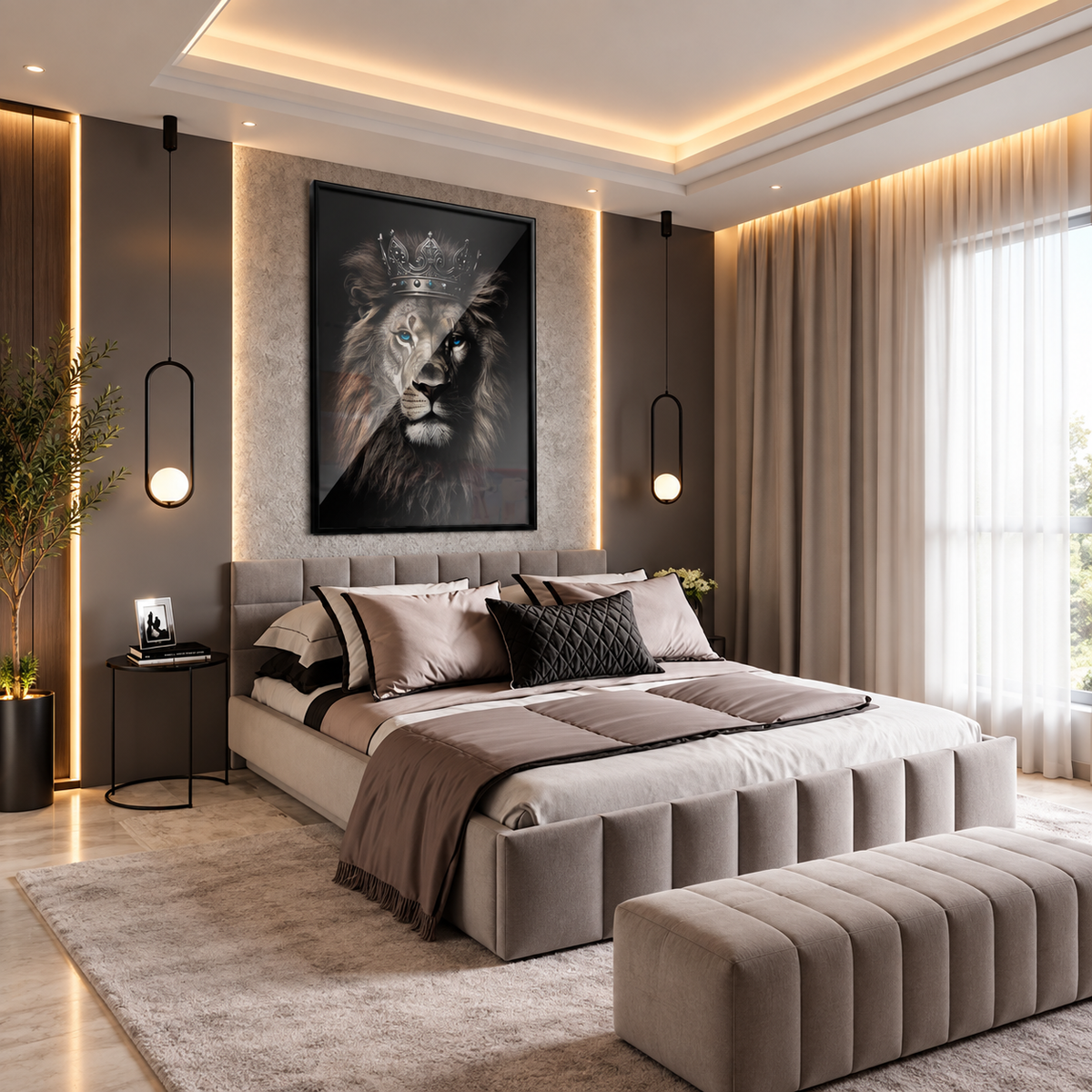 Royal Lion King Motivational Wall Art Canvas — square premium bedroom mockup, full frame visible