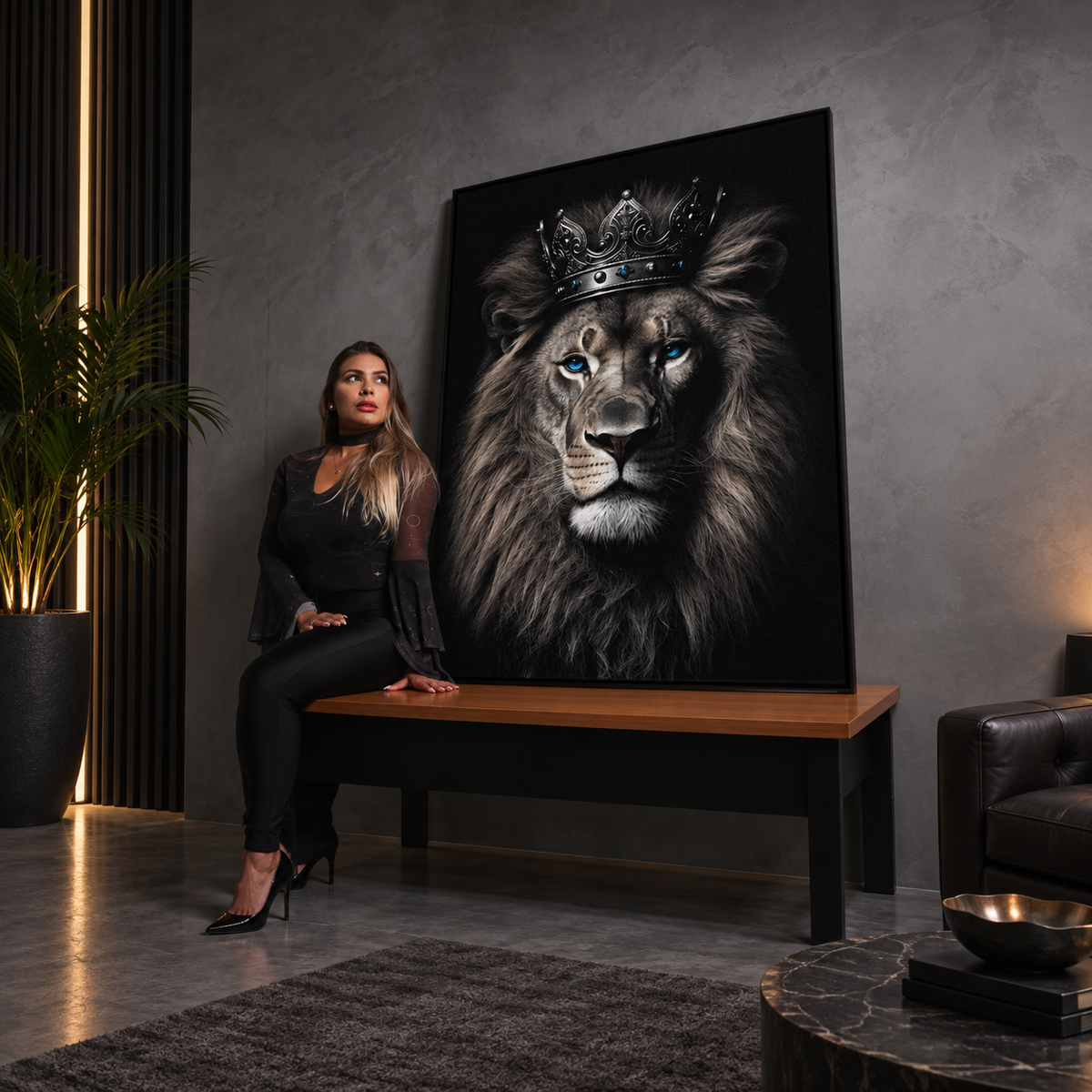 Royal Lion King Motivational Wall Art Canvas — square charcoal gallery mockup, full frame visible