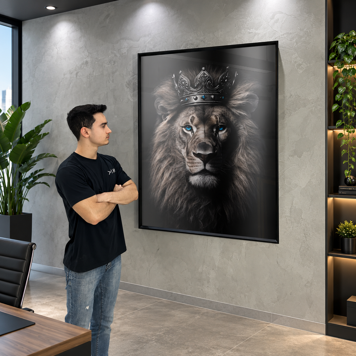 Royal Lion King Motivational Wall Art Canvas — square contemporary office mockup, full frame visible