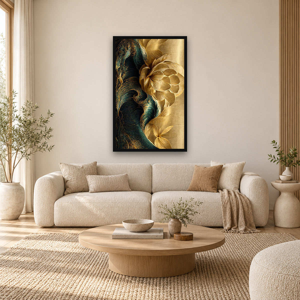 Luxury Golden Flower | Wall Art — square full-frame-safe premium interior mockup 01