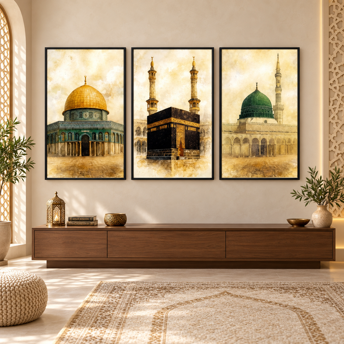 3 Holy Mosques Set of 3 Wall Art Triptych Sepia Islamic Architecture Framed Canvas — square premium interior mockup, complete full frame visible with safe margin