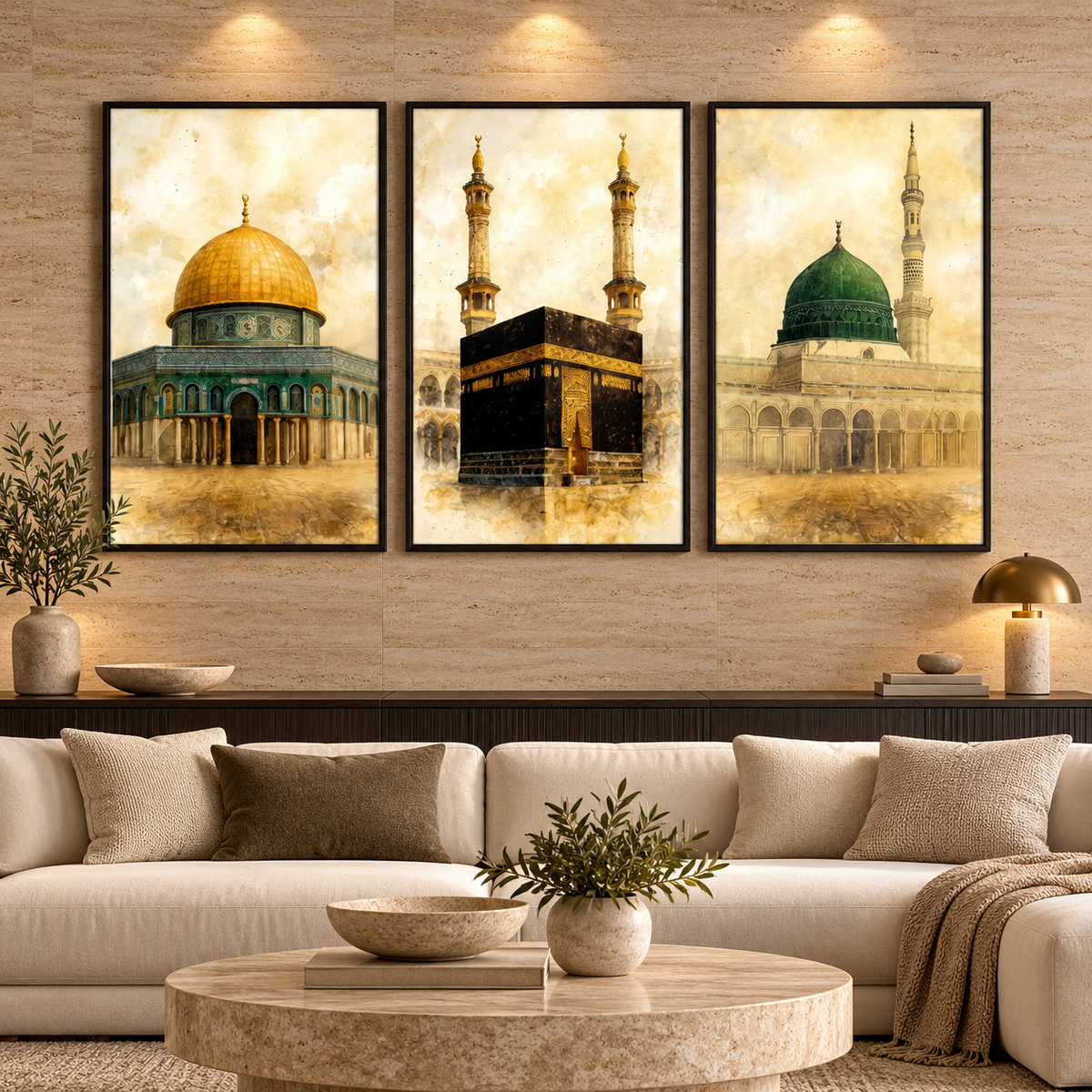 3 Holy Mosques Set of 3 Wall Art Triptych Sepia Islamic Architecture Framed Canvas — square premium interior mockup, complete full frame visible with safe margin