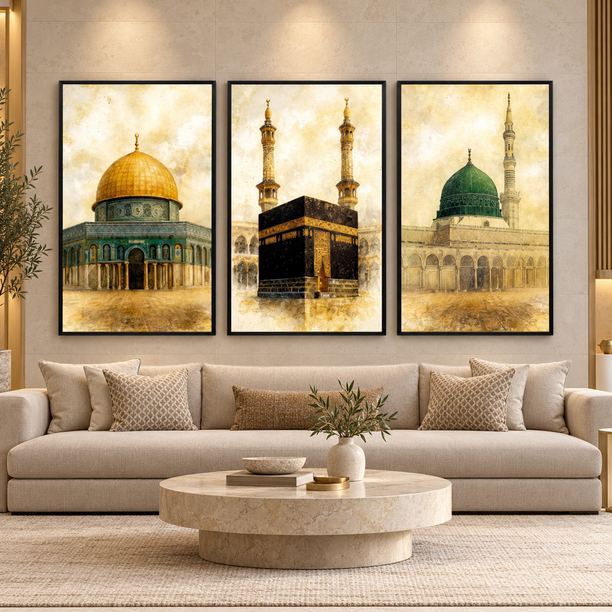 3 Holy Mosques Set of 3 Wall Art Triptych Sepia Islamic Architecture Framed Canvas — square premium interior mockup, complete full frame visible with safe margin