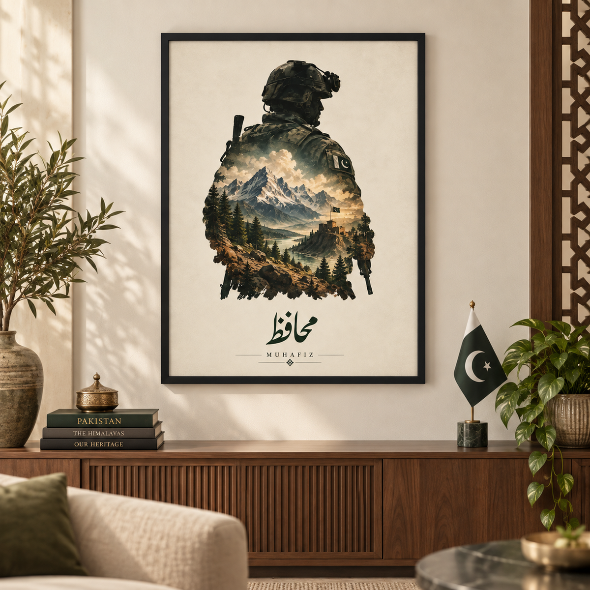Muhafiz wall art square living room mockup with full frame visible