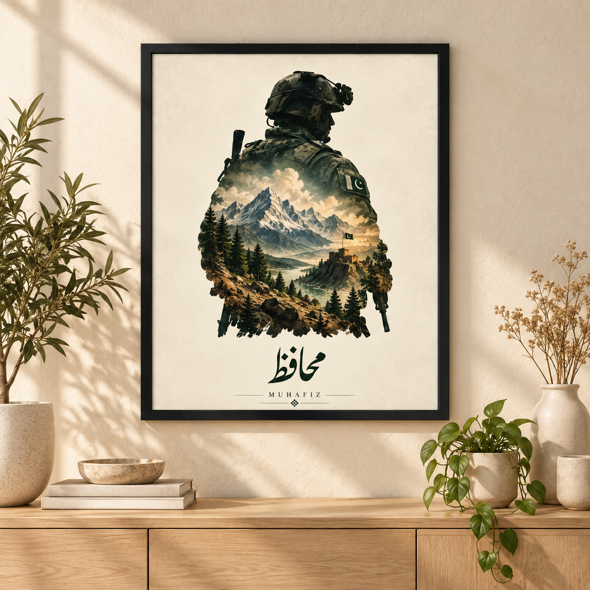 Muhafiz wall art square minimalist room mockup with full frame visible