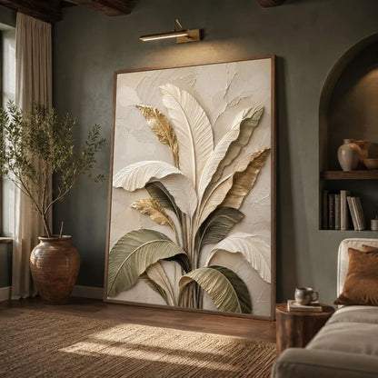 Neutral Tropical Palm Leaves Canvas Print, Beige Gold Botanical Wall Art
