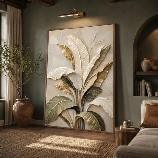 Neutral Tropical Palm Leaves Canvas Print, Beige Gold Botanical Wall Art