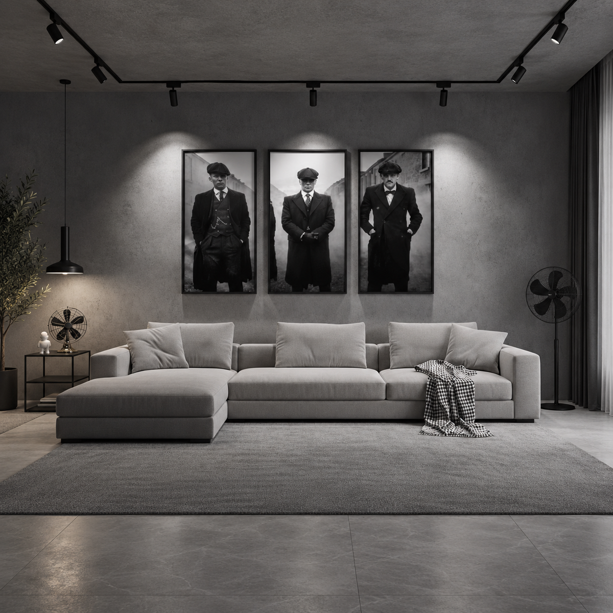 Peaky Blinders Elegant Wall Art — square monochrome living room mockup, all three frames visible