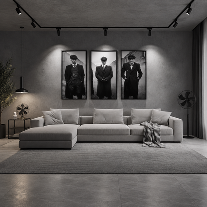 Peaky Blinders Elegant Wall Art — square monochrome living room mockup, all three frames visible