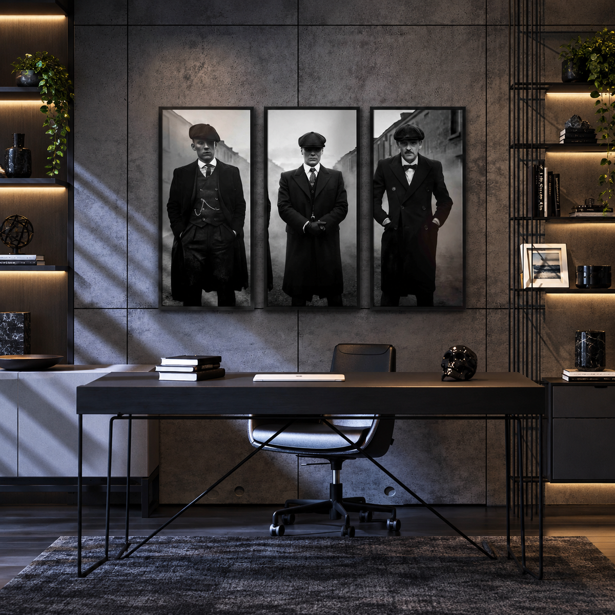 Peaky Blinders Elegant Wall Art — square executive study mockup, all three frames visible
