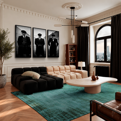 Peaky Blinders Elegant Wall Art — square premium lounge mockup, all three frames visible