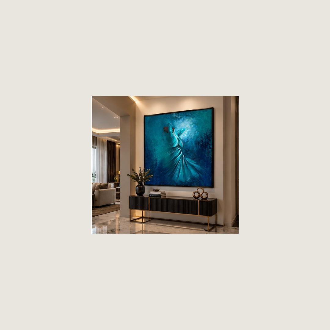 Raqs-e-Rooh blue Sufi wall art square room mockup 2