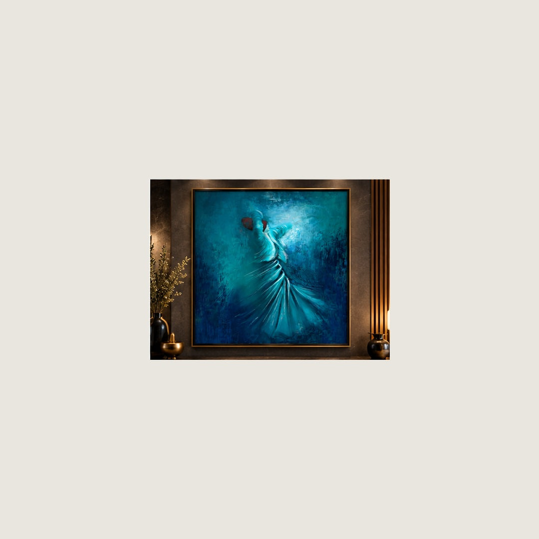 Raqs-e-Rooh blue Sufi wall art square room mockup 3