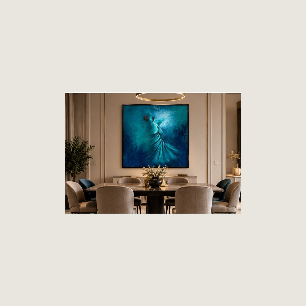 Raqs-e-Rooh blue Sufi wall art square room mockup 4