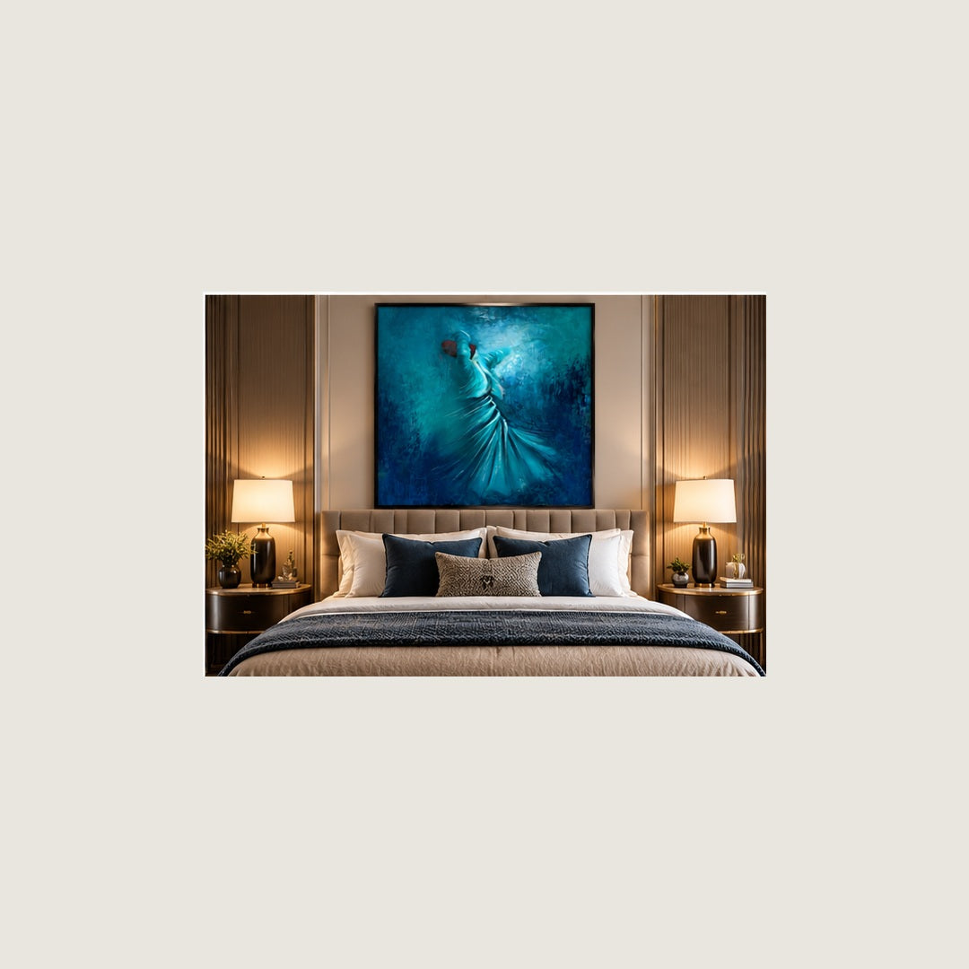 Raqs-e-Rooh blue Sufi wall art square room mockup 5