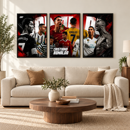 Cristiano Ronaldo 3 panel set | wall art — square room mockup 1, full frame visible