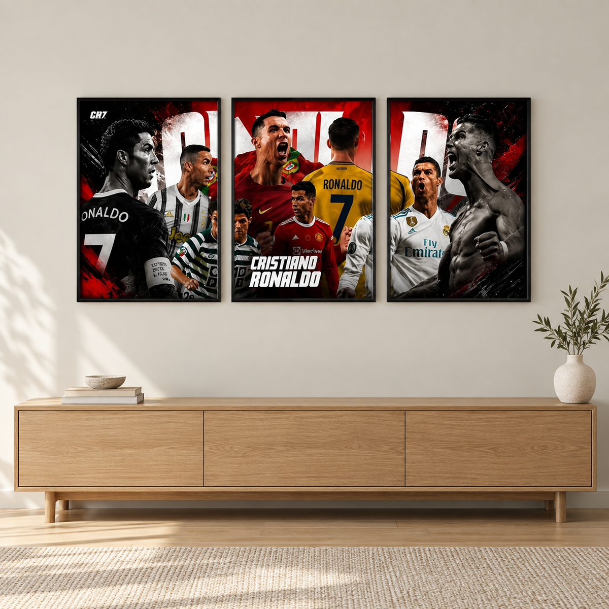 Cristiano Ronaldo 3 panel set | wall art — square room mockup 2, full frame visible