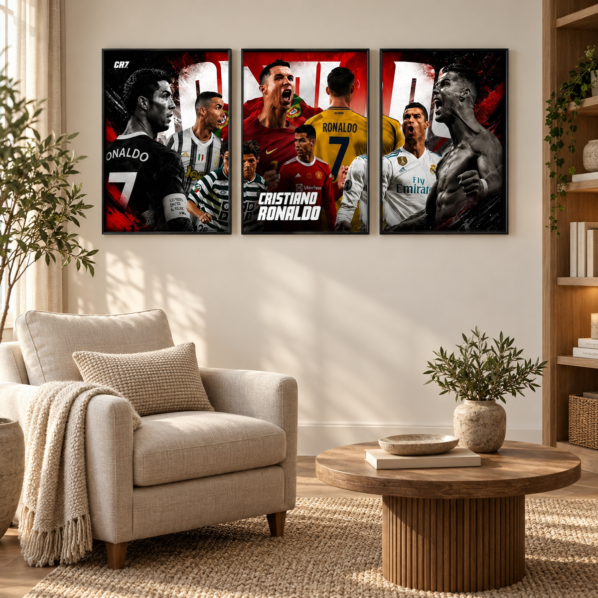 Cristiano Ronaldo 3 panel set | wall art — square room mockup 3, full frame visible