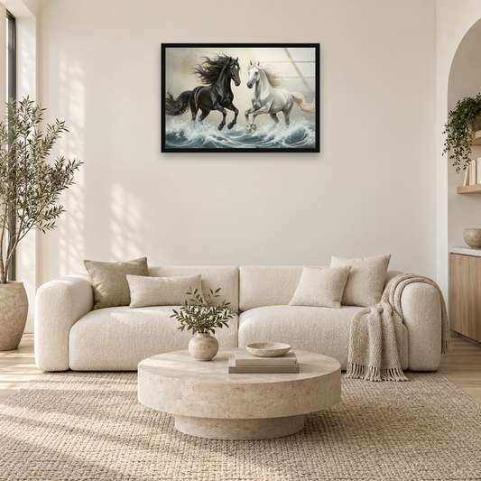Running Horses Beach Wall Art – Sunset Coastal Glass | Wall Art — square full-frame interior mockup 1